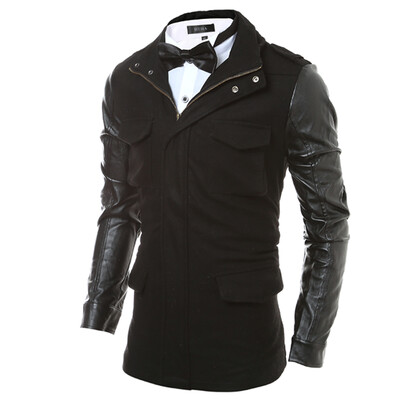 

Winter Men Woolen&Pu Splicing Windbreaker Coat