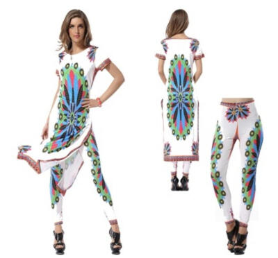 

Women Fashion Suit Long Loose T shirt + Pants Creative Printed Ethnic style