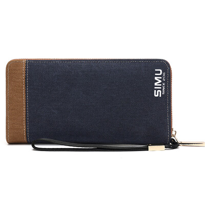 

Think of animal husbandry SIMU 6055 canvas wallet long section zipper wallet Korean version of the retro vertical section of the student wallet multi-card position can be put mobile phone bag blue with coffee