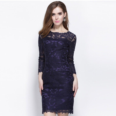 

2016 Trendy Women Dress Elegant Casual Solid Lace Dress Full Sleeve O-Neck Autumn Dresses