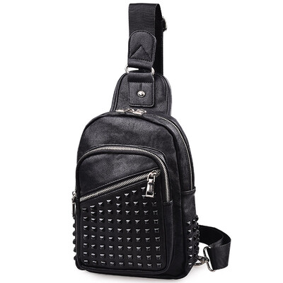 

Bean Drums Men's Corset Pants Trends Casual Pockets PU Rivet Bags Shoulder Messenger Bags G00270 Black
