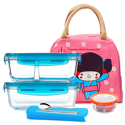 

Keluo Si Tuo glass crisper NC-7936 glass lunch box four-piece refrigerator microwave oven for lunch boxes with chopsticks spoon to send Messenger bag