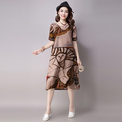 

2 цвета китайского стиля платье для женщин моды печати A-Line осень платья до колен O-образным вырезом женщин платья