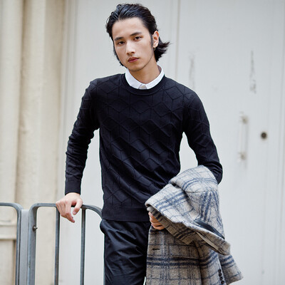 

YOMS Men's Sweater Men's Korean casual sweater Men's cotton round neck collar wear pure color tide Men's head bottoming shirt 20564 Black L175