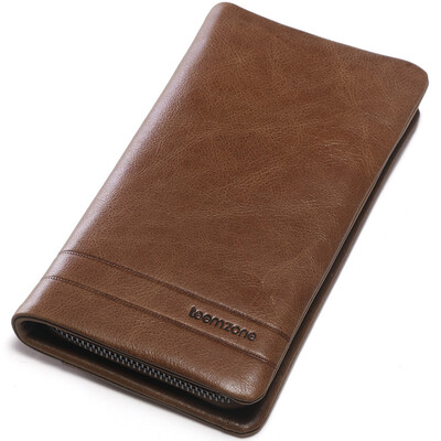 

teemzone мужской первый слой кожи случайный длинный рука мешок бизнес ретро многофункциональные деньги деньги сумочка S3389 коричневый одиночный молния