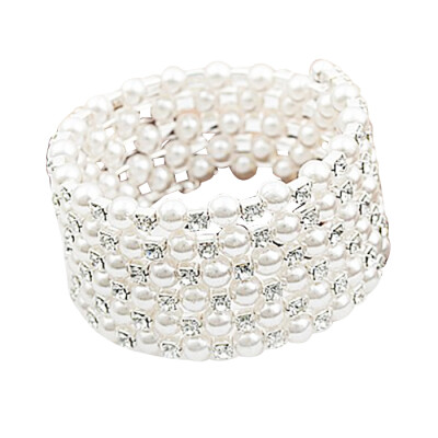 

Stylish Stretch Imitation Pearl Bangles Charming Rhinestone Hand Decoration Chain Bracelet for Women240121