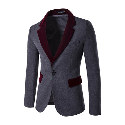 

Men Stitching Color Woolen Blazer Jacket One Button Suit Coat