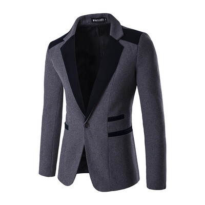 

Men Stitching Color Woolen Suit Jacket One Button Blazer Coat
