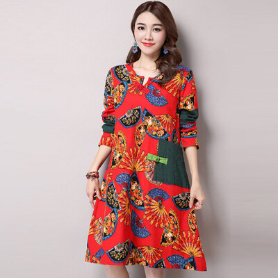 

Famous Brand New Women Dress 2016 Fashion Chinese Style Print Autumn Dress Pockets Full Knee-Length A-Line Dresses