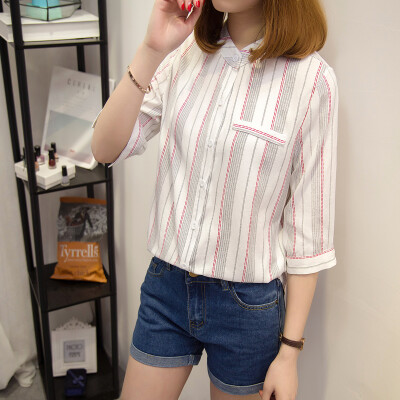 

VIVAHEART Korean casual fashion stripes cotton&linen shirt blouse VWCD174141 black striped M