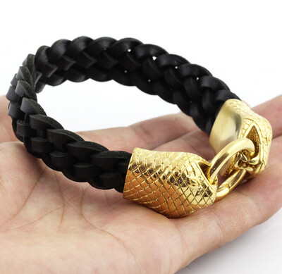 

Men Vintage Jewelry Black Leather Rope Bracelet Stainless Steel Bangle gold Snake Design Rock Punk Man Accessories Male Gift