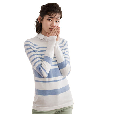 

(INMAN) 2017 spring new striped word collar collar sweater women light blue and white strip S 1871302289