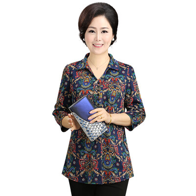 

Fama Ma 2017 autumn ladies T-shirt middle-aged woman seven-point sleeve T-shirt mother loaded fashion printing T710T10038 blue XL