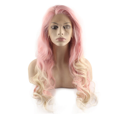 

Long Wavy Hand Tied Lace Front Blonde Tip Pink Party Wig