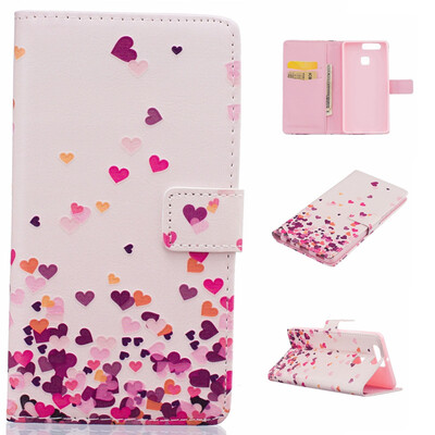 

Pink Heart Design PU Leather Flip Cover Wallet Card Holder Case for HUAWEI P9