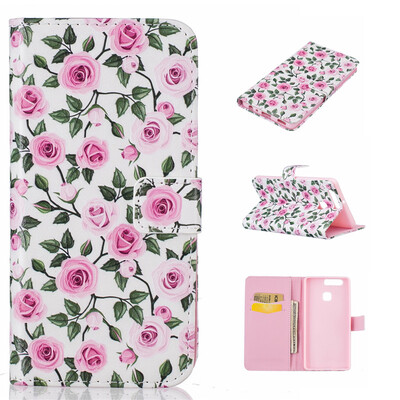 

Green leaf&flower Design PU Leather Flip Cover Wallet Card Holder Case for HUAWEI P9