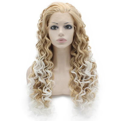 

26inch Long Curly White Tip Blonde Heat Resistant Fiber Hair Lace Front Wig