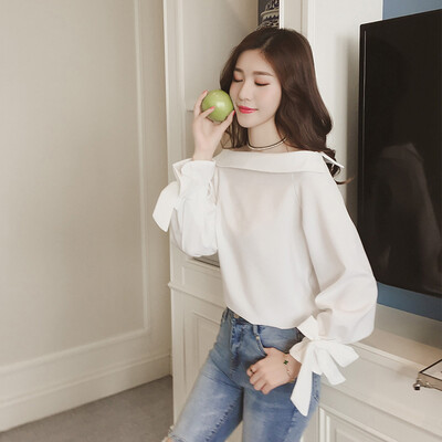 

sustory ladies 2017 spring word collar white chiffon shirt shirt female short paragraph bow long sleeves loose bottom coat SU053 white