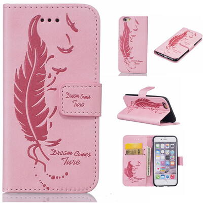 

Pink Plumes and birds Embossed PU Leather Wallet Case Classic Flip Cover with Stand Function and Credit Card Slot for IPHONE 6/6S