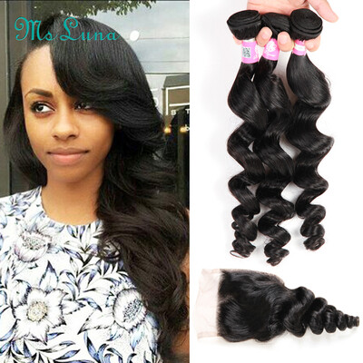 

Peruvian Virgin Hair With Closure Loose Wave 3pcs With 44 Lace Closure Peruvian Loose Wave Hair Weaving With Lace Closure