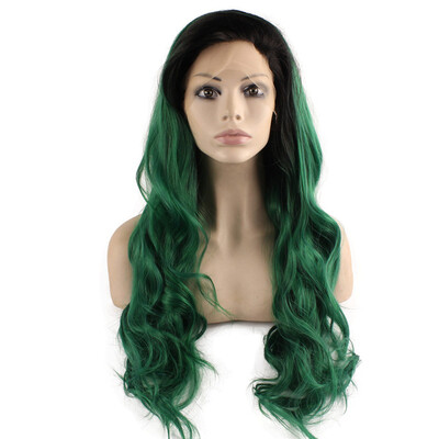 

Iwona Synthetic Hair Lace Front Long Wavy Black Green Two Tone Ombre Wig