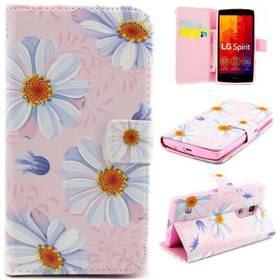 

Pink Flower Design PU Leather Flip Cover Wallet Card Holder Case for LG Spirit H422