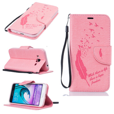 

Pink Feathers and birds Style Embossing Classic Flip Cover with Stand Function and Credit Card Slot for SAMSUNG Galaxy J3 2016/J310