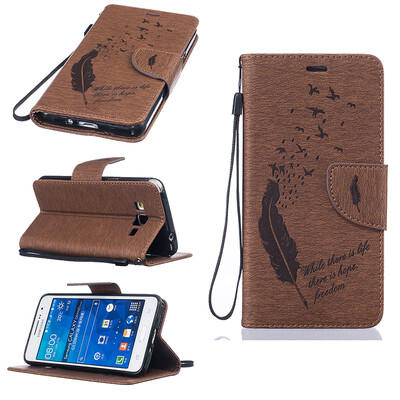

coffee Feathers and birds Style Embossing Classic Flip Cover with Stand Function and Credit Card Slot for SAMSUNG GALAXY Grand Prime G530