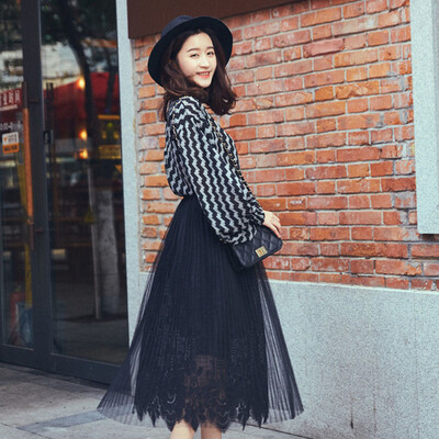 

Long Yue women&39s high waist pleated skirt loose waist pure color lace in the long paragraph skirt LWQZ173104 black uniform