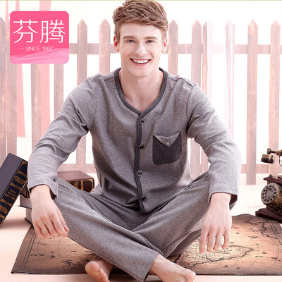 

Feneng Feneng Pajamas Мужская чистая хлопковая пижама Главная Одежда Кардиган Повседневный домашний комплект M9537352 Серый Черный пятно L