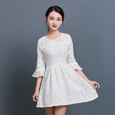 

KuoyiHouse 7010 lace dress Korean round neck collar waist Slim thin female nine points speaker sleeve lace skirt white L