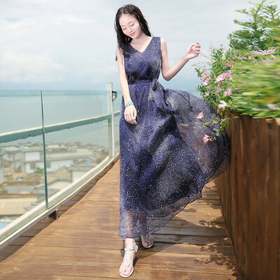 

Милан Инь (MILANYIN) Женская +2017 лето без рукавов V-образным вырезом платье недоуздок шифона платье богемный приморский курорт пляж платье ML019 голубой M