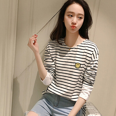 

Longyue Women's Striped Long Sleeve T-shirt Smile College Style Wind Simple Lingerie LWTC173417 White M