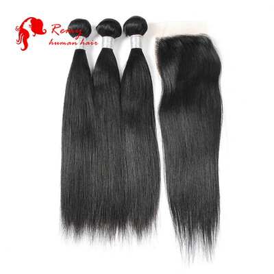 

Indian Straight Hair with Closure Indian Virgin Hair 3 Bundles with Closure Straight 7A Human Hair Weave