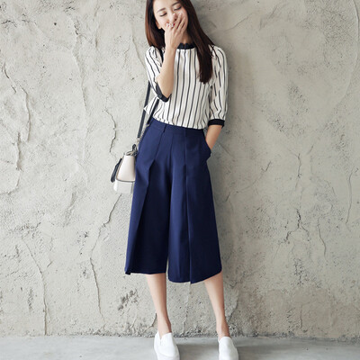 

Longyue women&39s vertical stripes in the sleeve chiffon shirt simple wide leg pants suit LWXS173415 white L
