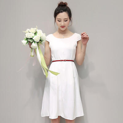 

Silk Bun 2017 Women&39s Summer Dress Slim Short-Sleeve Korean Long Medium White Small Fresh Piece Skirt 1815 White