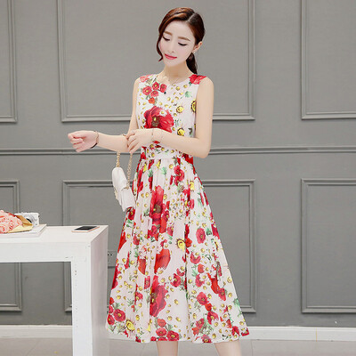 

Milano MILANYIN Women&39s 2017 summer long chiffon dress Slim temperament round neck sleeveless lady print A word skirt ML102 red flower