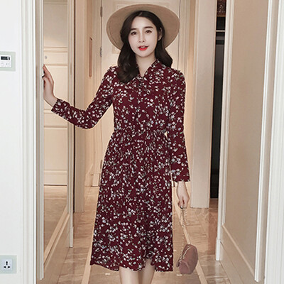 

Longyue Women Floral Slim Long Sleeve Dress Butterfly Belt With Waist Pleated Skirt Long Style Skirt LWQZ172118 Wine Red
