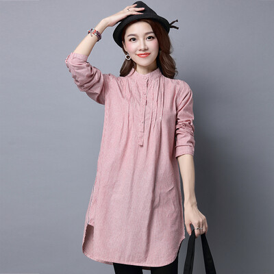 

JIANZHI JIANZHI 2017 Autumn Artistic Retro Loose Large Code Sen Striped Cotton Long Sleeve Round Collar Dress B8820 Red Stripe