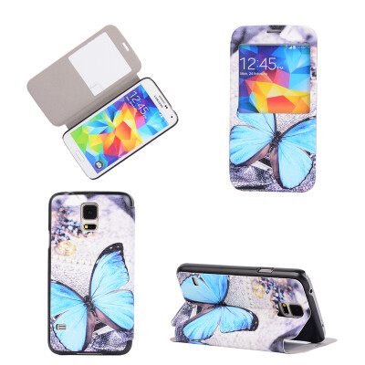 Blue Butterfly Design PU Leather Flip Cover Wallet Card Holder Case for Samsung Galaxy S5