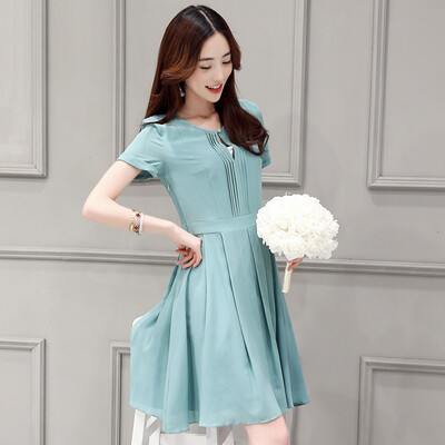 

A pond morning 2017 summer pleated skirt fashion round neck short sleeve Slim thin waist dress female S62A0490A377XL blue&green
