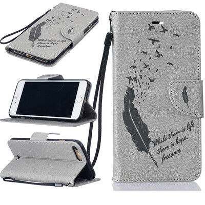 

Gray Feathers and birds Style Embossing Classic Flip Cover with Stand Function and Credit Card Slot for IPHONE 7