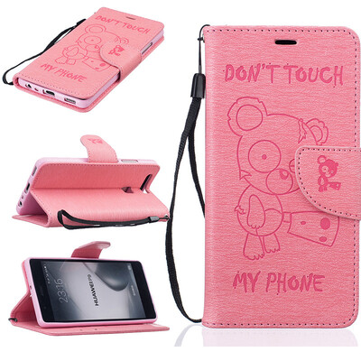 

Pink Bear Style Embossing Classic Flip Cover with Stand Function and Credit Card Slot for HUAWEI P9