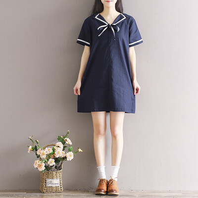 

City plus CITYPLUS arts and crafts Fan Haijun wind bow small lapel short sleeve dress CWQZ173150 dark blue M