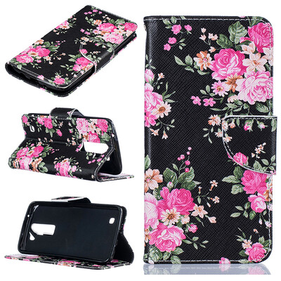 

Black flowers Design PU Leather Flip Cover Wallet Card Holder Case for LG K7K8