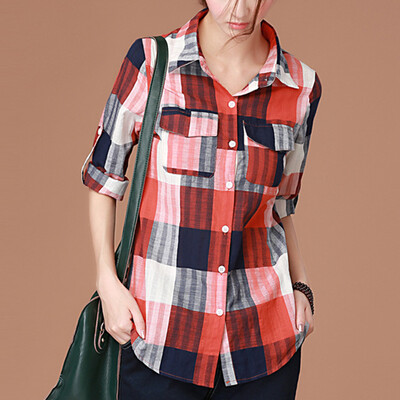 

CITYPLUS Arts Fenson Lattice Fashion Casual Long Sleeve Shirt Female CWCC171160 Blue Orange Grid M