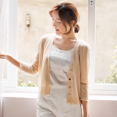 

VIVAHEART Korean version of the sweater women's cloth buckle sweater short paragraph cardigan sunscreen thin VWYC172448 apricot L