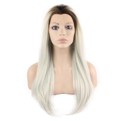 

Long Straight Hand Tied Lace Front Dark Root Ombre Light Blue Two Tone Wig
