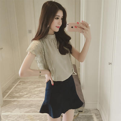 

sustory весной 2017 женщин сплошной цвет кружева крючком ажурные шить рубашки Тонкий хеджирование розовый с короткими рукавами белого шифона рубашка женская SU049 M