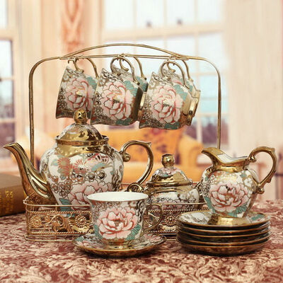 

Porcelain Tea Set Teapot Sugar Bowl Creamer Cups & Saucers Metal Holder 15 Pcs